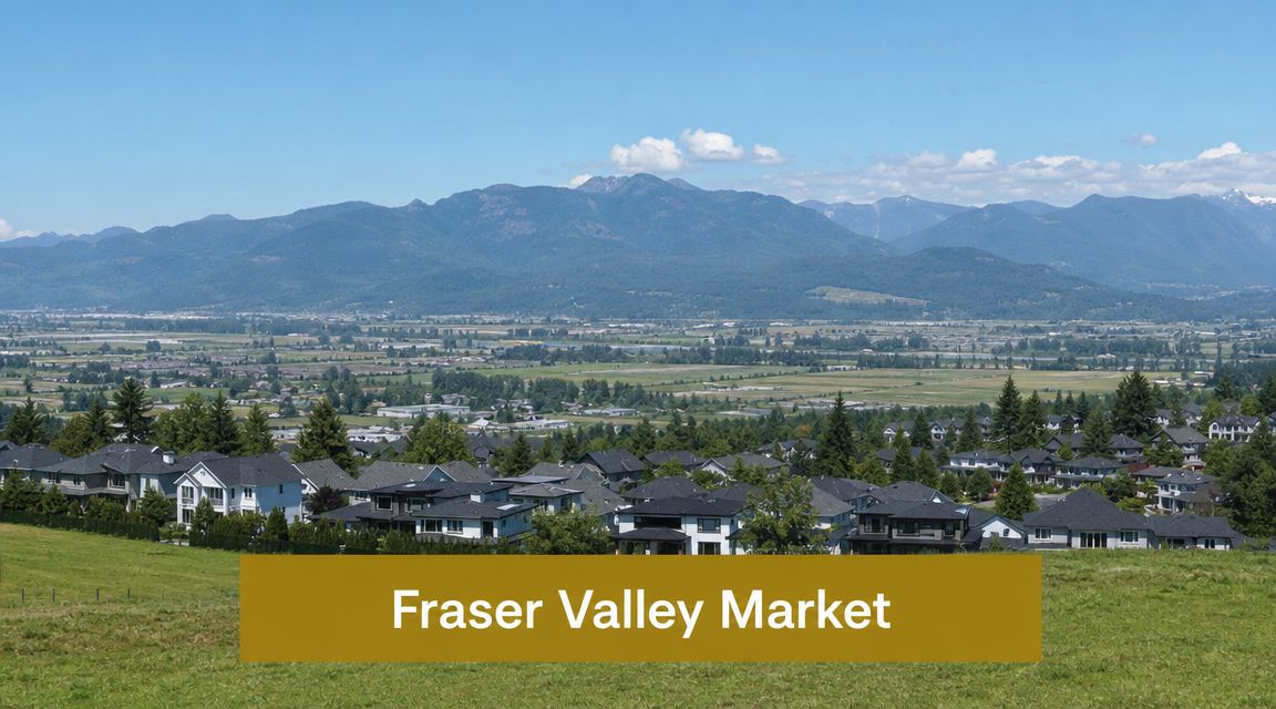 An elevated view of suburban houses in the Fraser Valley with a mountain range in the background.