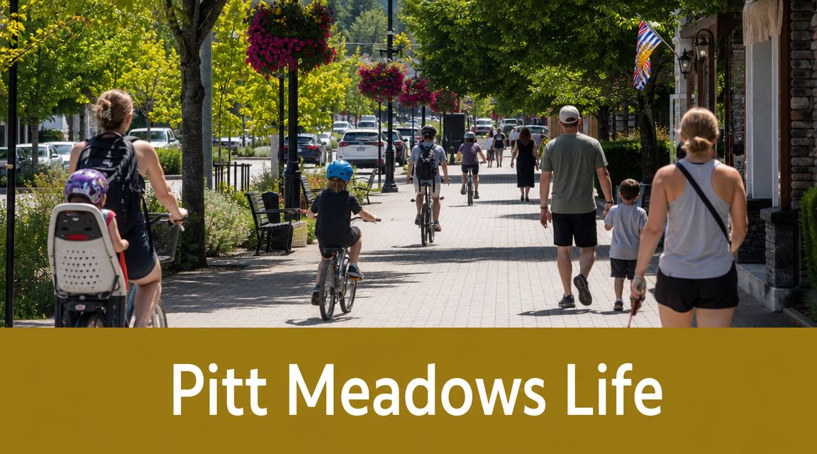 Families cycling and walking along a sunny, tree-lined street in Pitt Meadows, British Columbia.