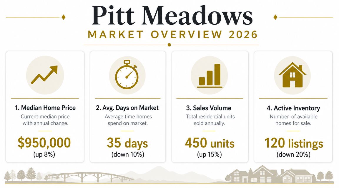 An infographic showing the 2026 Pitt Meadows real estate market overview with price, days on market, sales, and inventory.