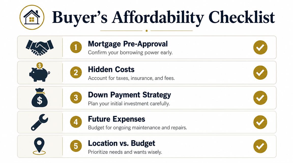 A checklist infographic titled Buyer's Affordability Checklist outlining five key steps for purchasing a home.