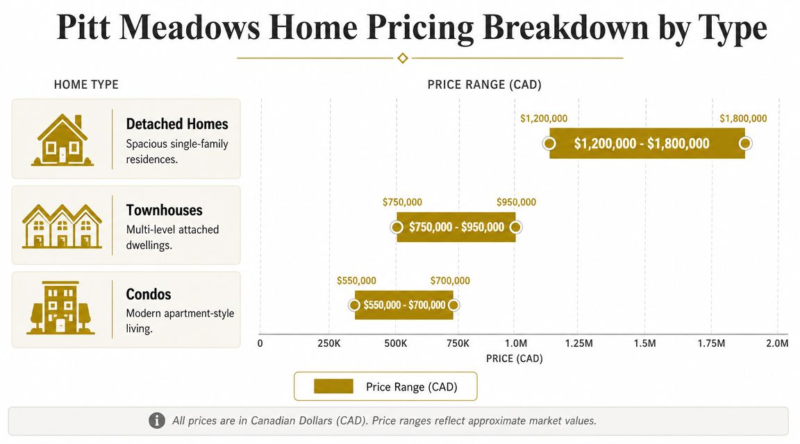 A chart showing the price ranges for detached homes, townhouses, and condos in Pitt Meadows, Canada.
