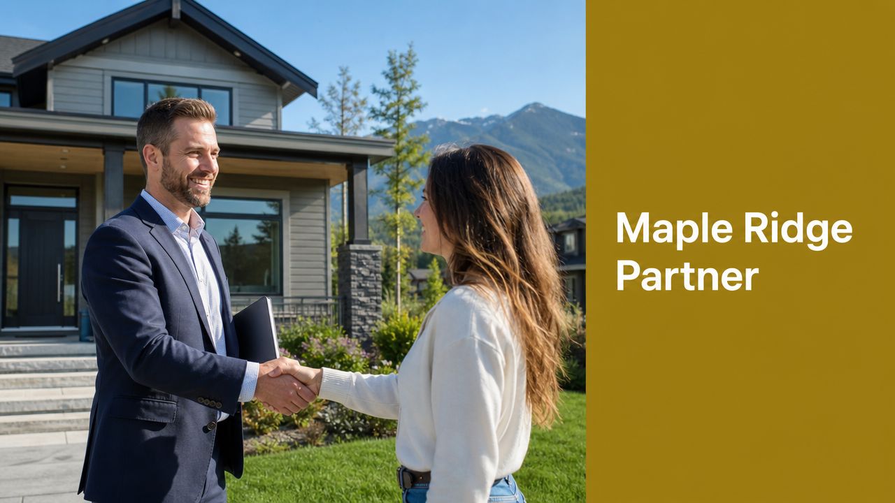 A professional real estate agent shaking hands with a female client outside a modern residential home.