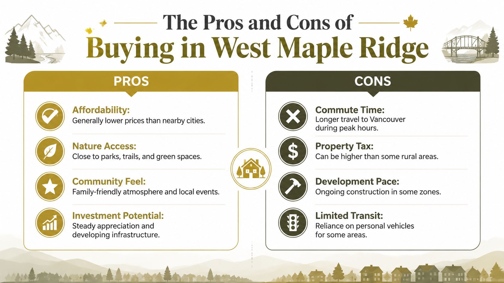 A visual comparison infographic outlining the pros and cons of buying real estate in West Maple Ridge.