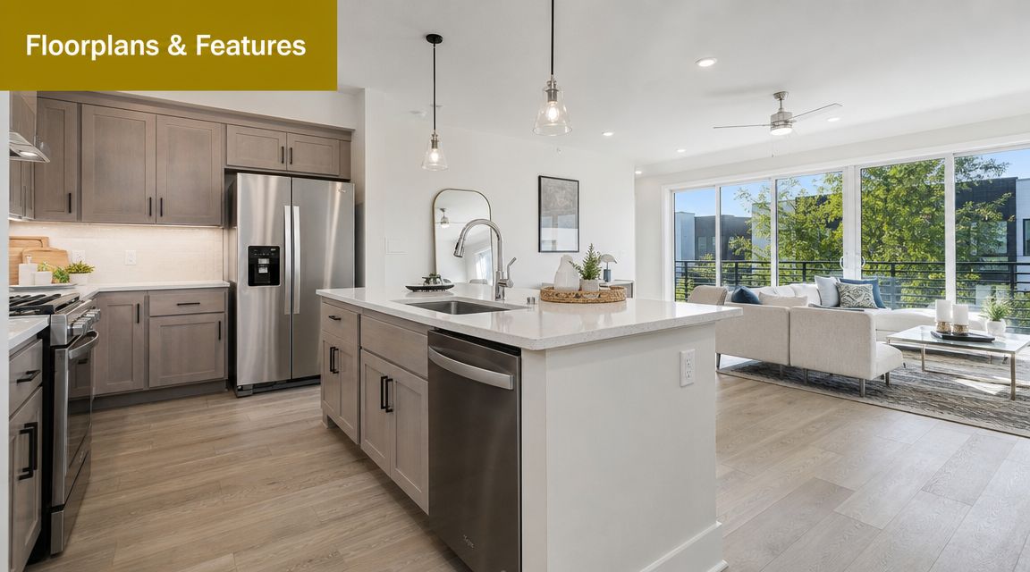 A modern kitchen and open-concept living area with stainless steel appliances, light wood cabinets, and large windows.