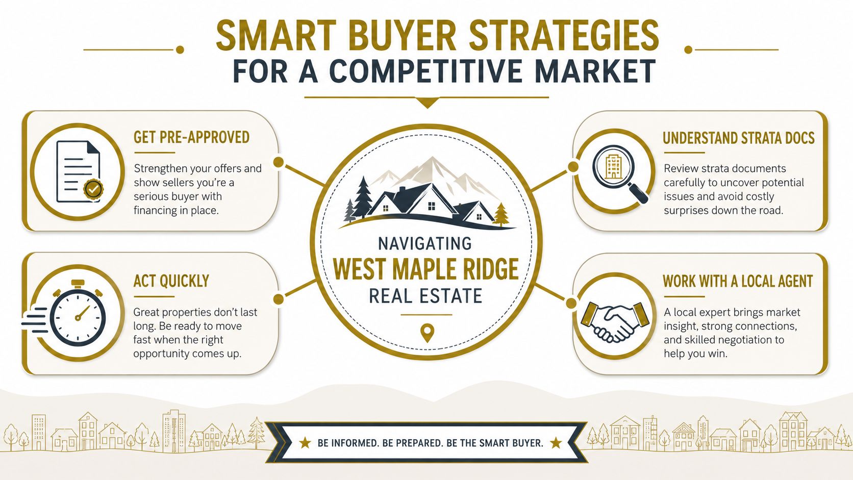 A helpful infographic showing four essential strategies for buying real estate in West Maple Ridge.