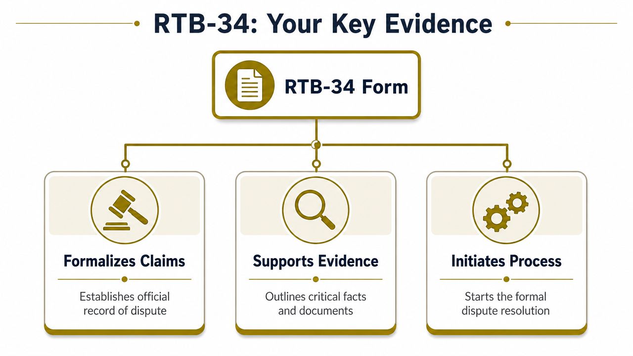 A diagram outlining the functions of the RTB-34 form for formalizing claims, supporting evidence, and initiating disputes.