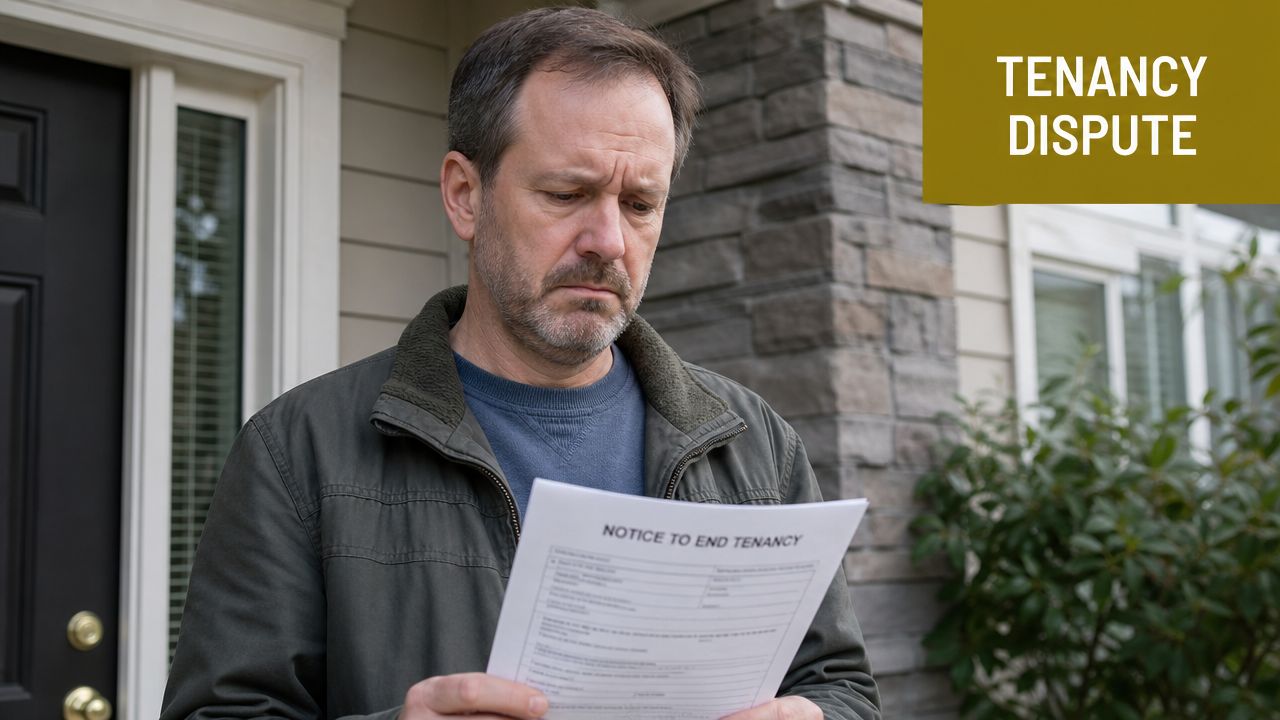 A concerned middle-aged man reading a Notice to End Tenancy document while standing in front of a house.