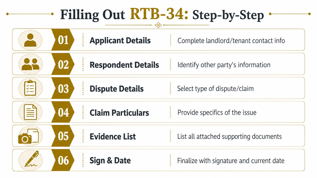 A step-by-step infographic titled Filling Out RTB-34 showing six sequential steps to complete a tenancy dispute form.