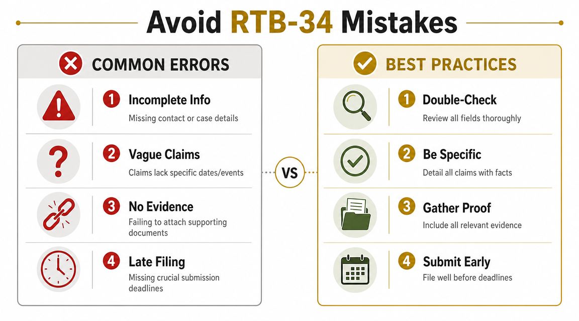 A comparison chart showing common RTB-34 form mistakes versus best practices for British Columbia tenancy disputes.