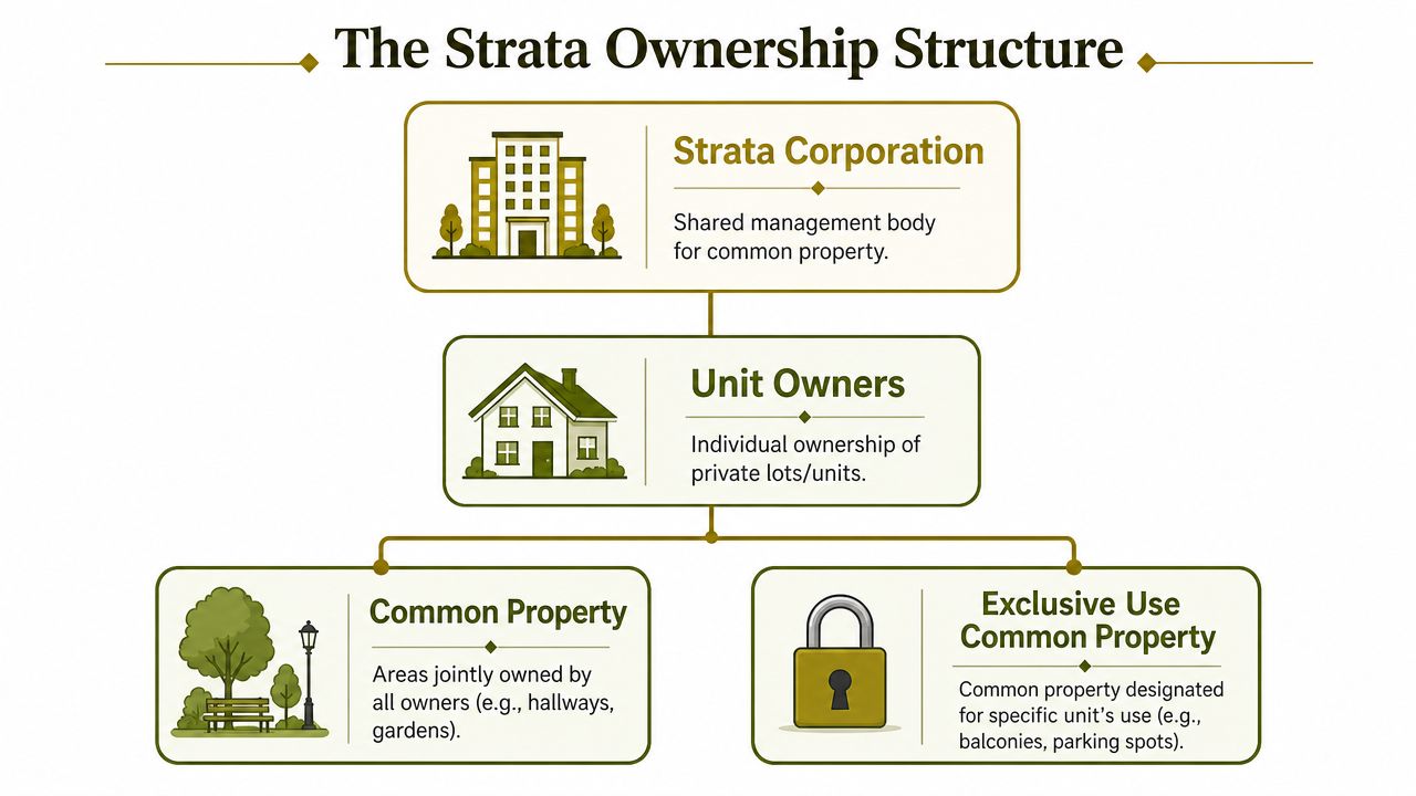 A diagram illustrating the strata ownership structure including the corporation, unit owners, common property, and exclusive use.