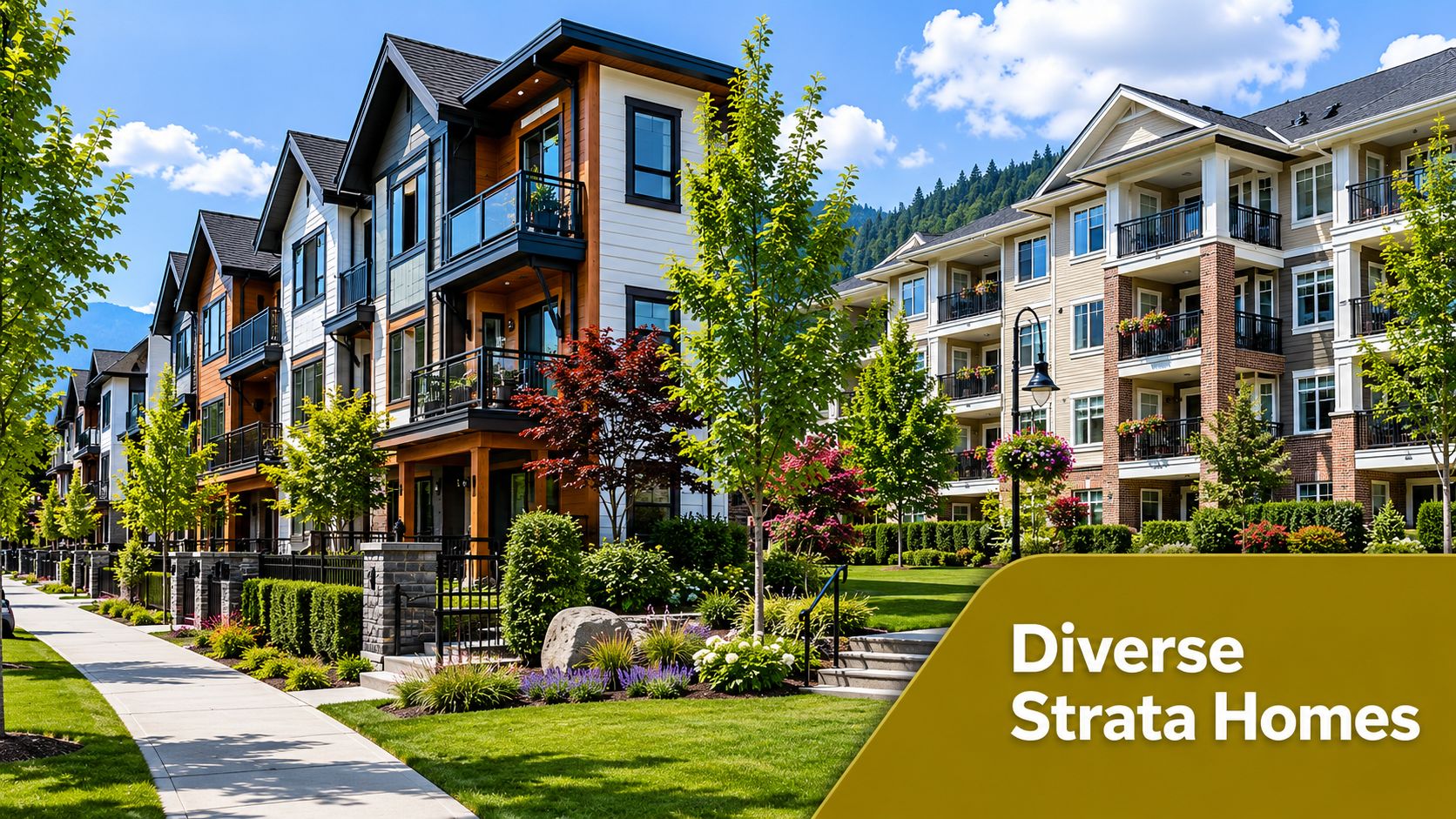 A modern multi-family strata residential complex with well-maintained green landscaping and scenic mountain views.