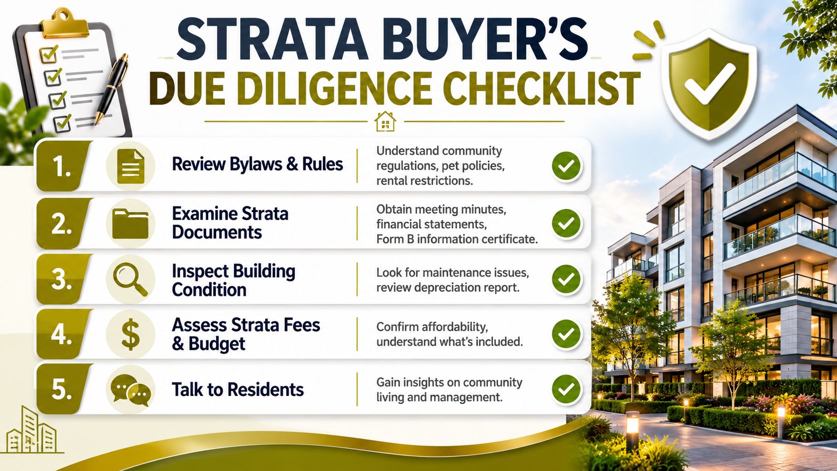 A checklist infographic titled Strata Buyer's Due Diligence Checklist, detailing five essential steps for purchasing property.