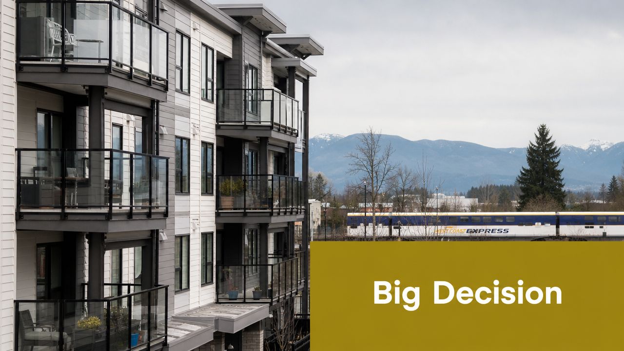 A modern apartment building in Maple Ridge with a West Coast Express train passing by the mountains.