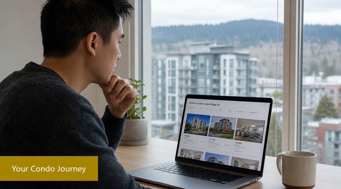 A man sitting by a window, thoughtfully looking at condo listings on his laptop screen.