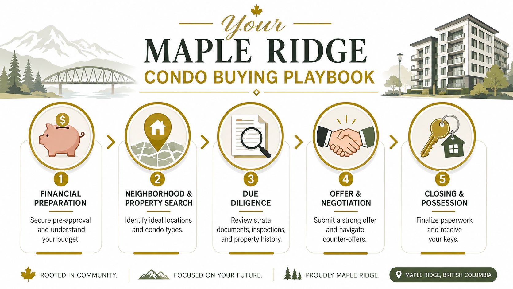 A five-step infographic guide detailing the condo buying process in Maple Ridge, British Columbia for potential homebuyers.