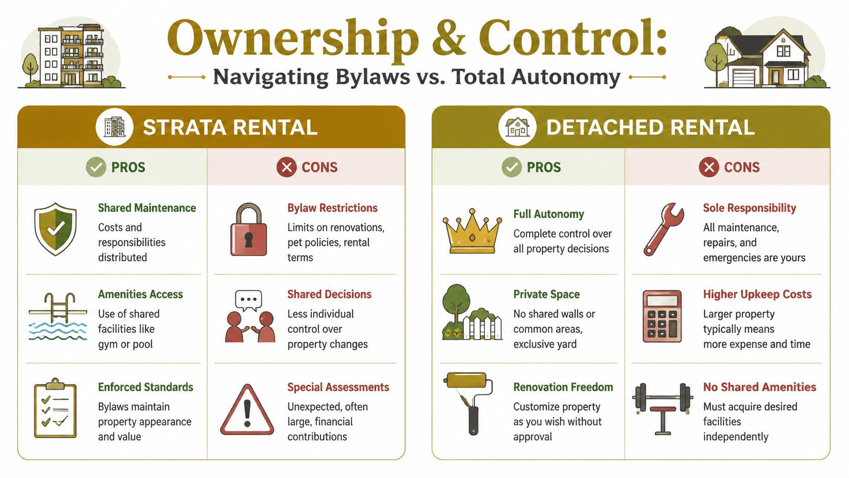 A comparison infographic showing pros and cons of strata rental properties versus detached rental properties for investors.
