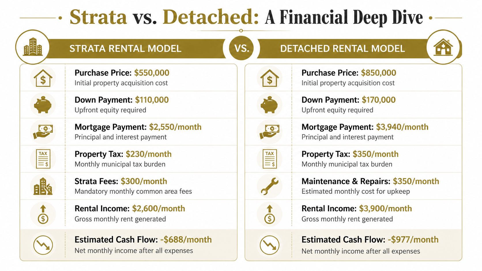 A comparison chart detailing the financial differences between strata and detached rental property investment models.