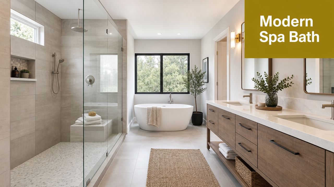 A modern luxury bathroom featuring a large glass walk-in shower, a freestanding soaking tub, and wooden vanity.