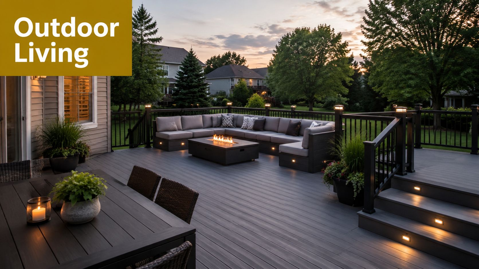A luxurious outdoor deck at dusk featuring a fire pit, sectional seating, and ambient landscape lighting.