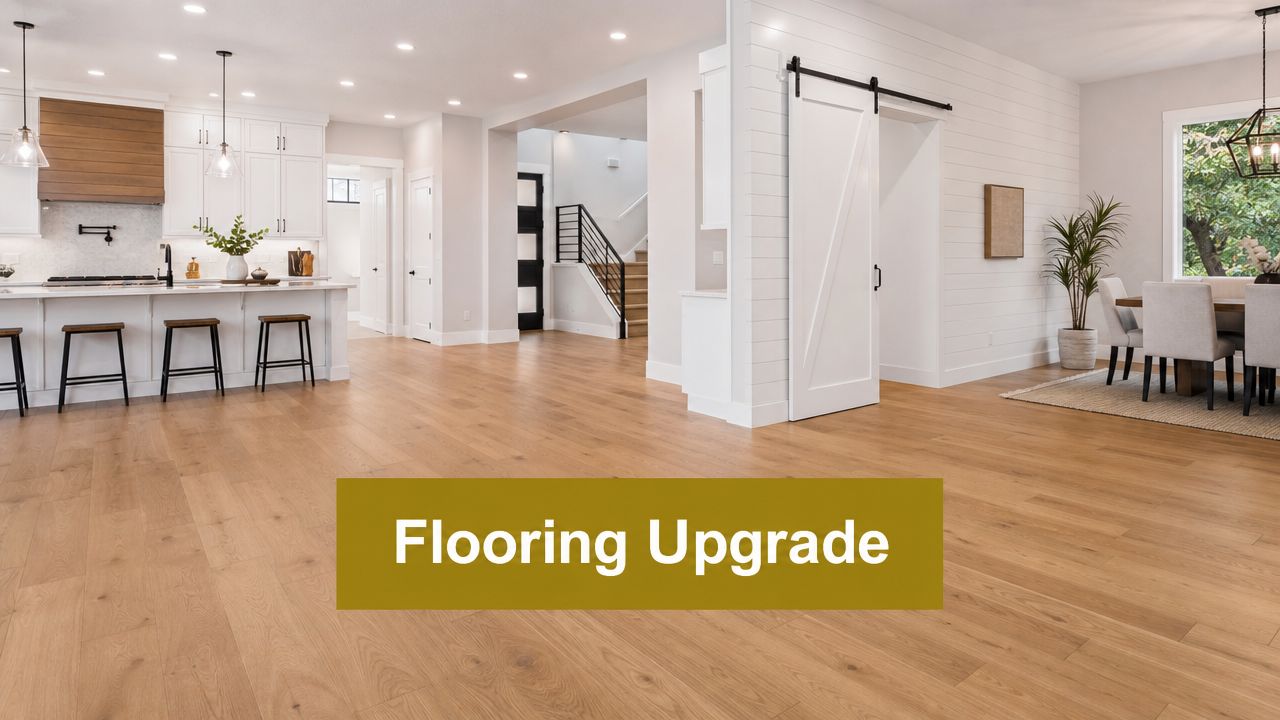A modern open-concept home interior featuring light oak hardwood flooring, white kitchen cabinets, and a farmhouse style.