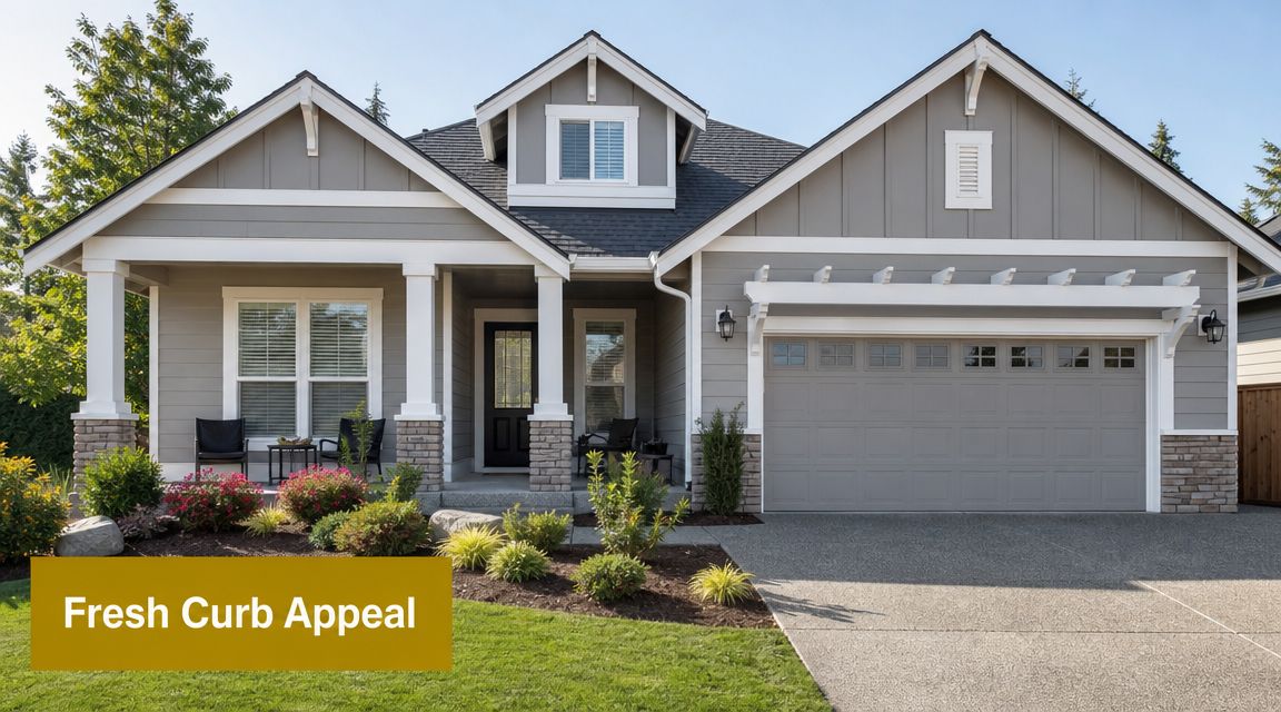 A beautiful suburban craftsman house with grey siding, a white garage door, and a manicured front garden.