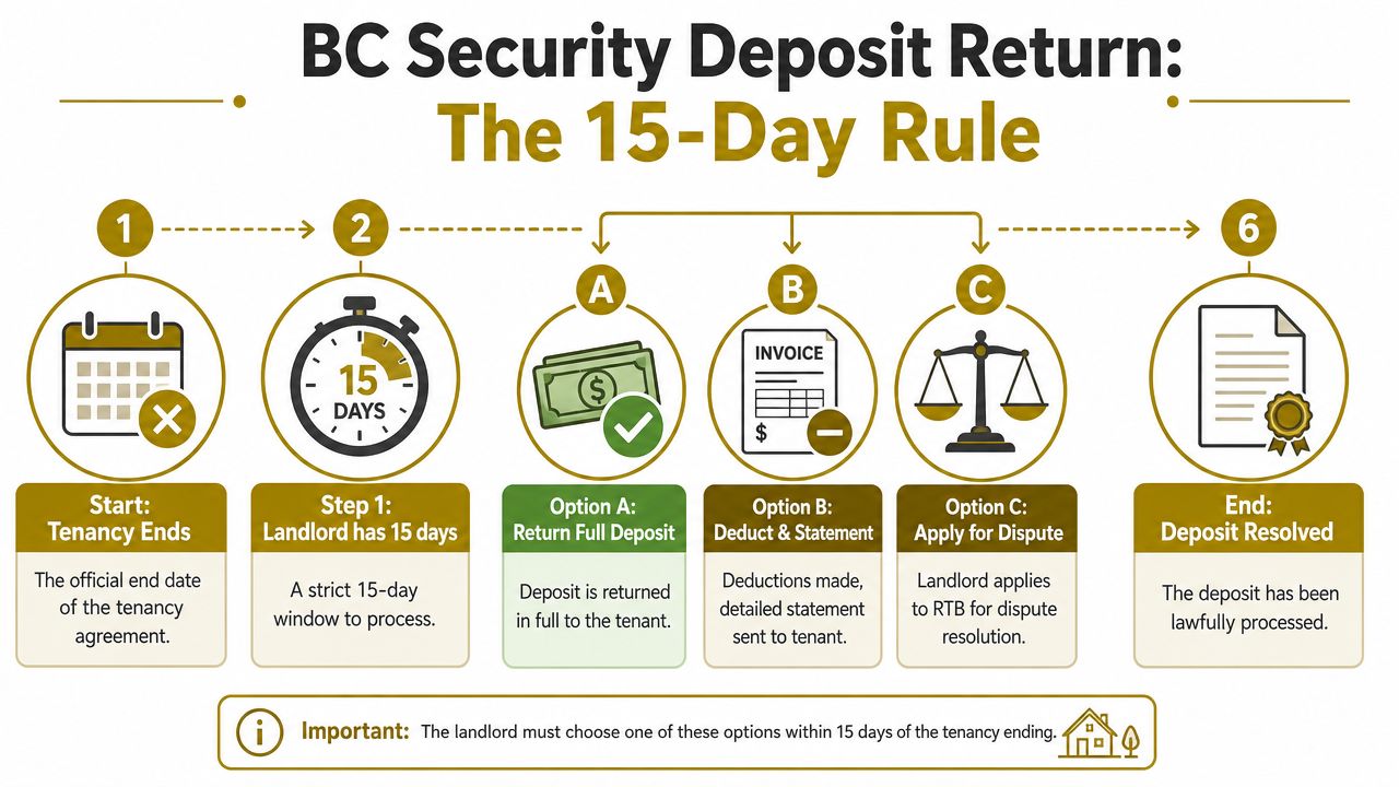 A flowchart outlining the BC 15-day rule for returning a residential tenancy security deposit to tenants.