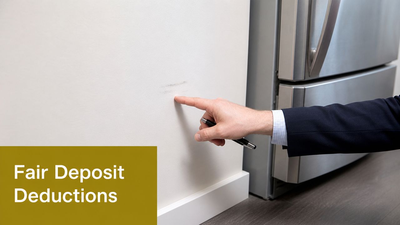 A person in a suit pointing to a scuff mark on a white wall near a refrigerator.