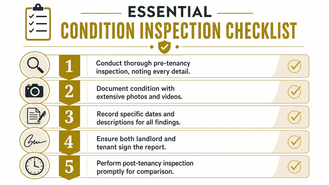 A five-step essential condition inspection checklist for landlords and tenants to document property status during tenancies.