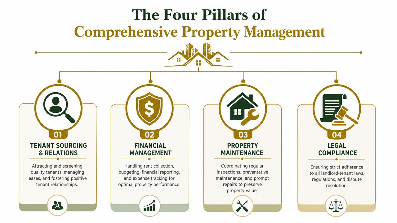 An infographic titled The Four Pillars of Comprehensive Property Management outlining key real estate management services.