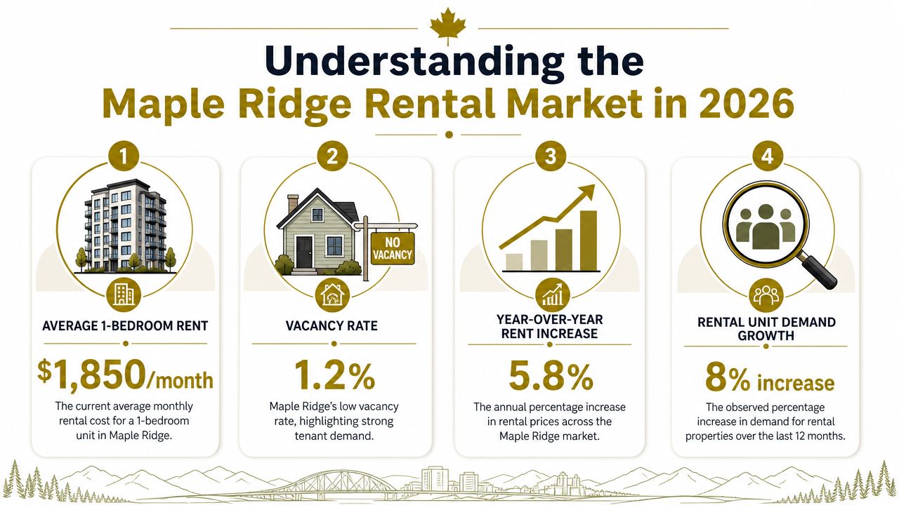 An infographic showing 2026 rental market statistics for Maple Ridge, including rent prices, vacancy, and demand.