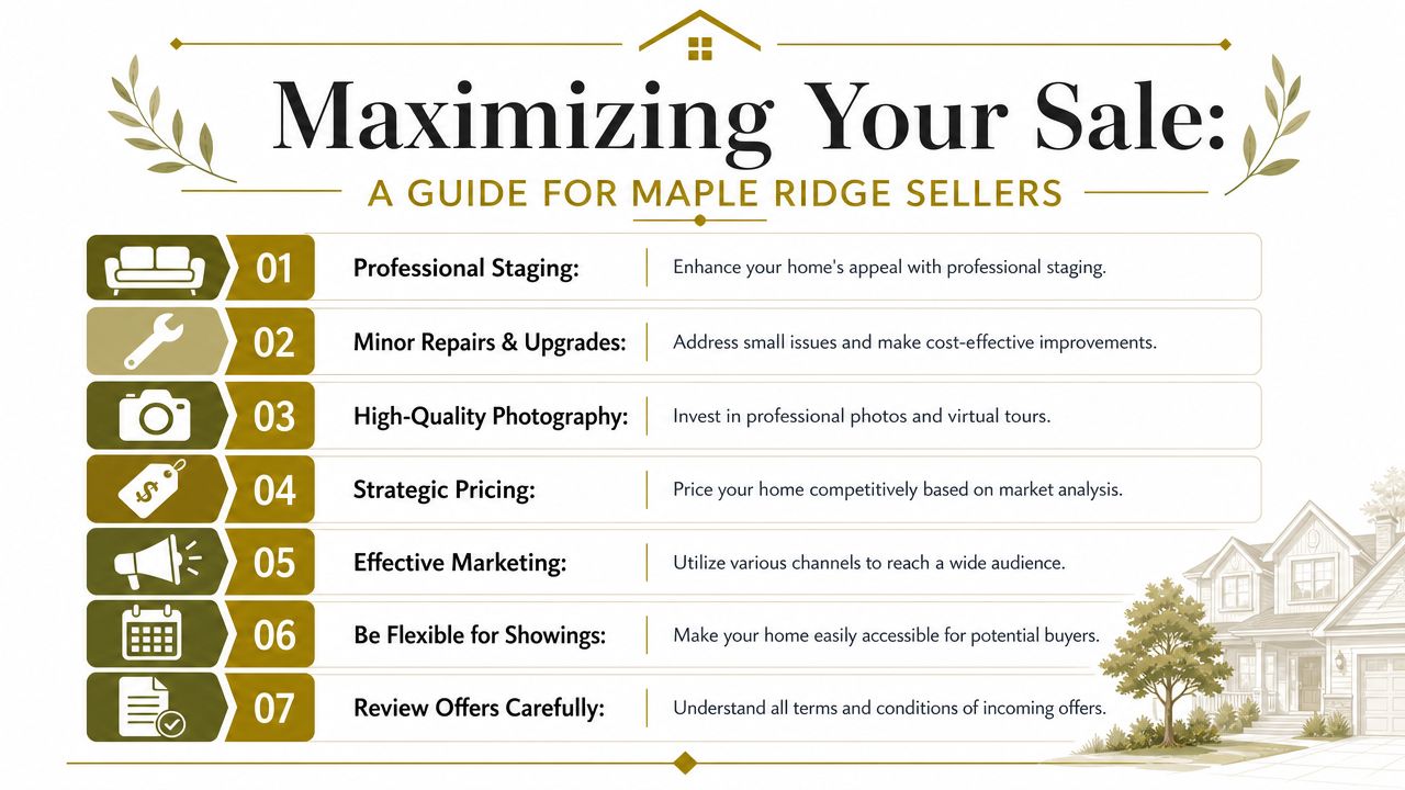 An infographic titled Maximizing Your Sale featuring seven tips for home sellers in Maple Ridge.