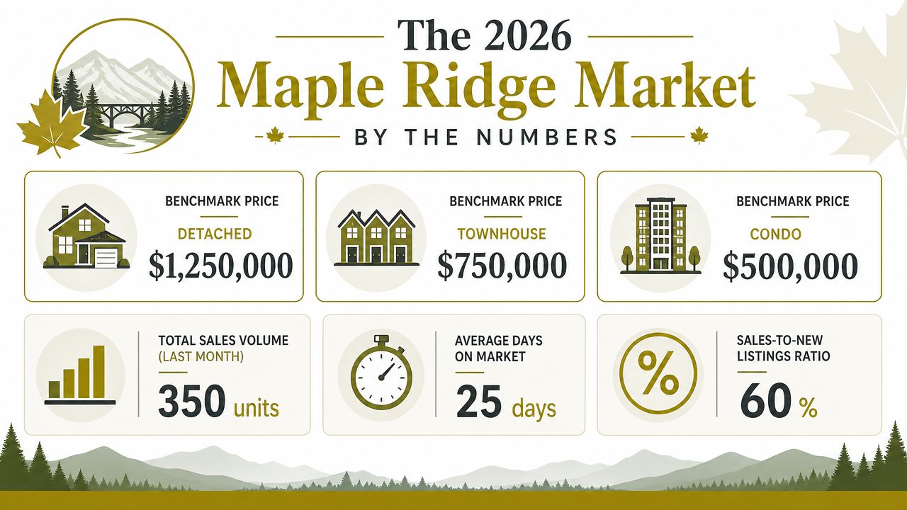 An infographic showing the 2026 real estate market statistics for Maple Ridge, including benchmark property prices.