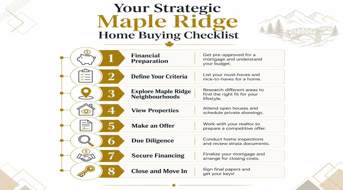 A checklist illustrating the eight strategic steps for buying a home in Maple Ridge, British Columbia.