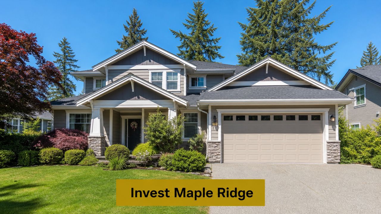 A beautiful suburban two-story house with a grey exterior, attached garage, and lush green lawn in Maple Ridge.