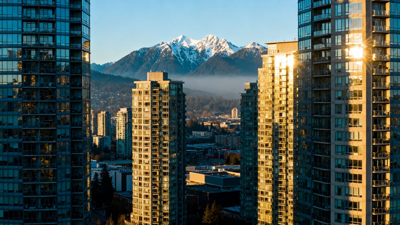 Vancouver cityscape with residential buildings and mountains.