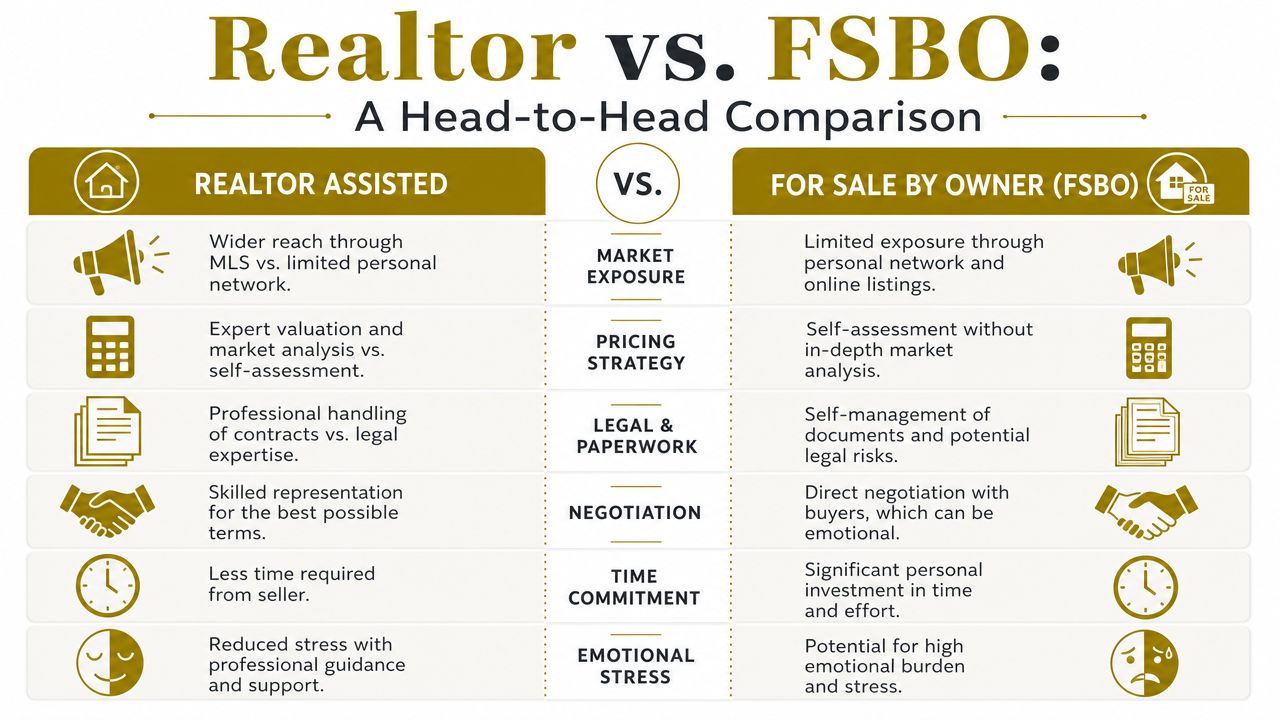 A comparison chart showing the advantages of realtor assisted property sales versus for sale by owner methods.