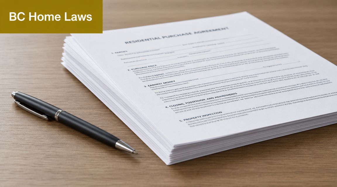 A stack of residential purchase agreement documents with a pen resting on a wooden desk surface.