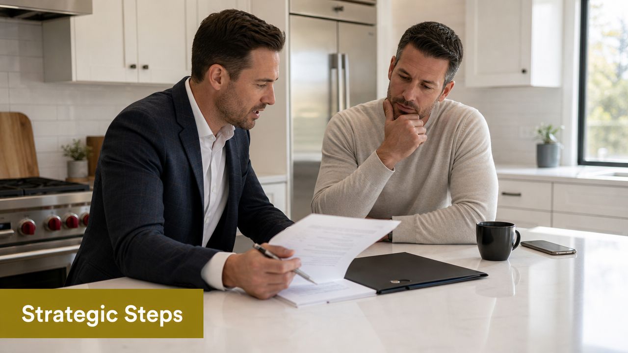 A professional financial advisor reviewing documents and discussing strategic steps with a client in a modern kitchen.