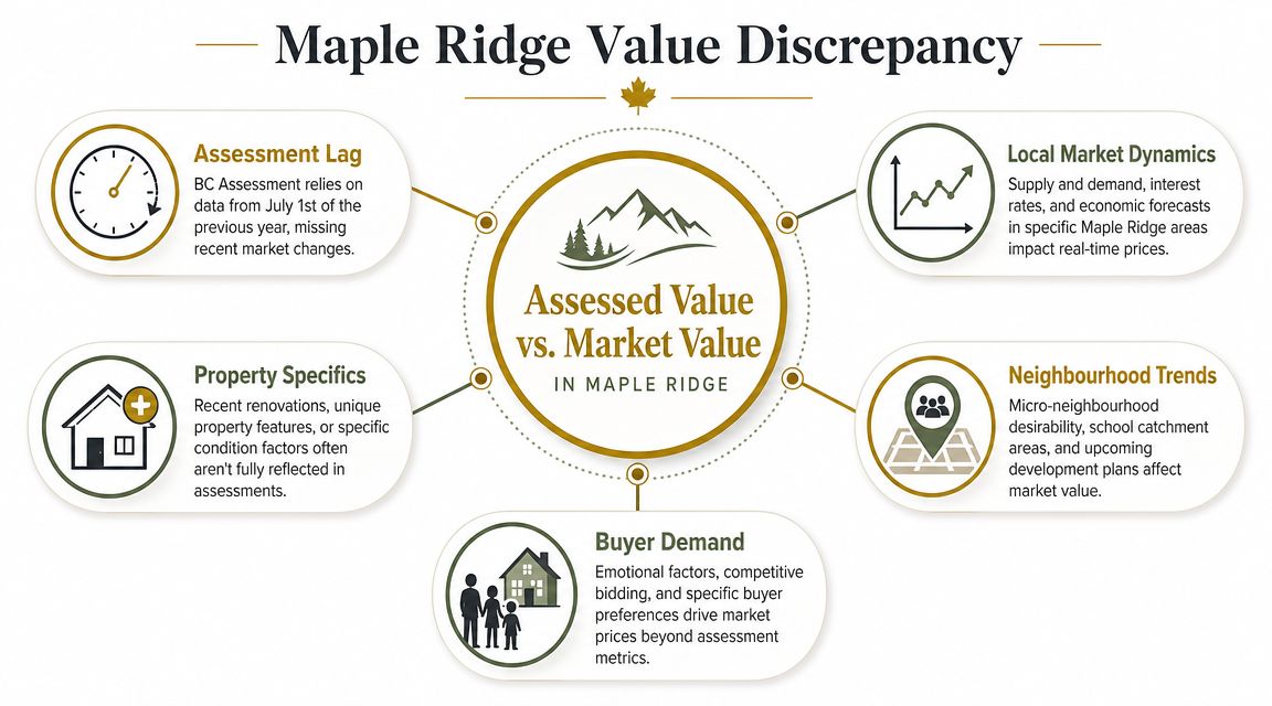 An infographic showing factors causing discrepancies between assessed property values and real estate market values in Maple Ridge.