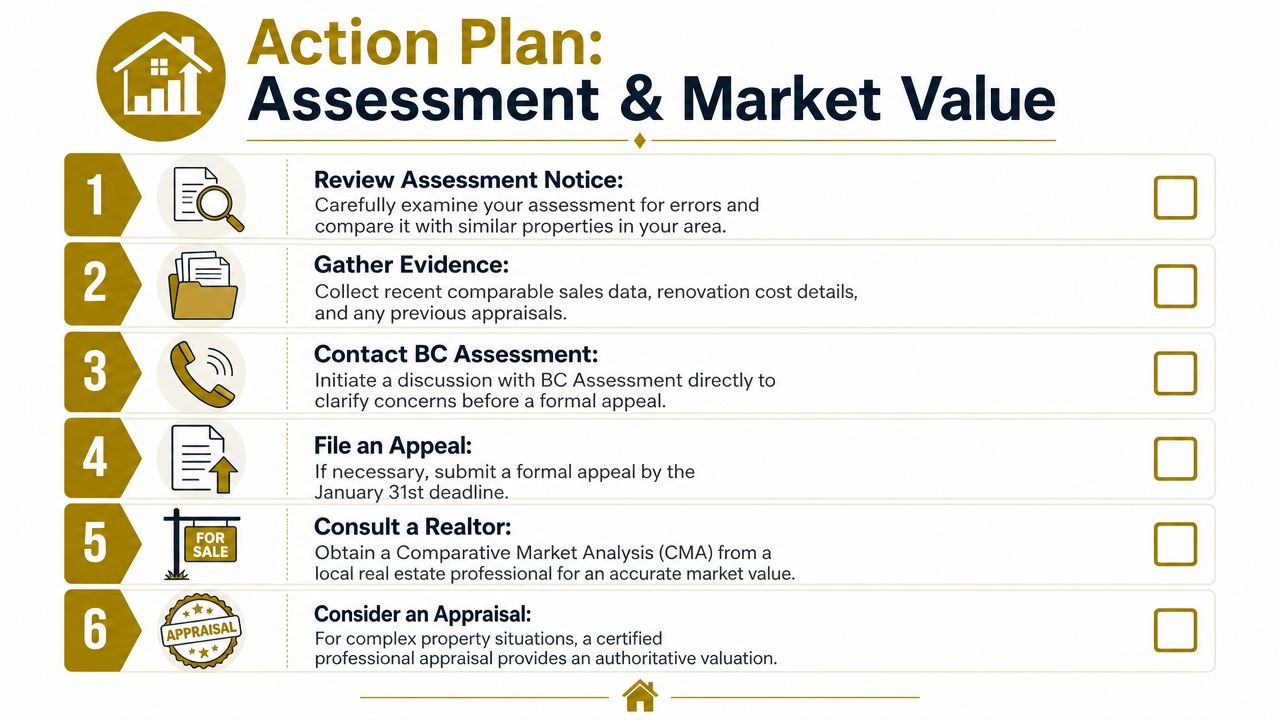 An infographic outlining a six-step action plan for managing property assessment notices and determining market value.