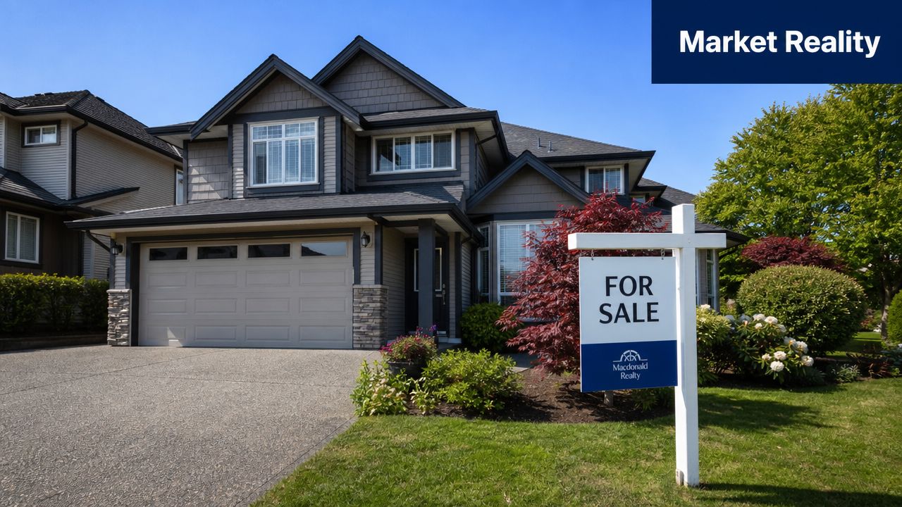 A modern two-story house with a grey exterior and a Macdonald Realty for sale sign in front.