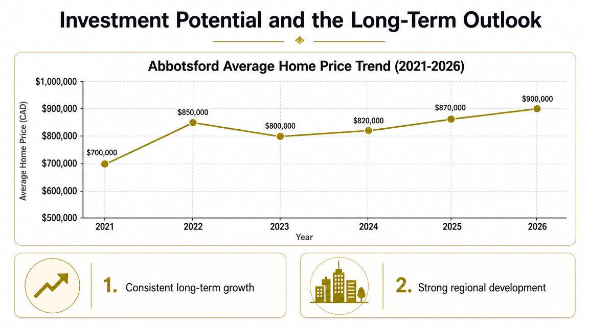 A line graph showing the average home price trend in Abbotsford, Canada from 2021 to 2026.