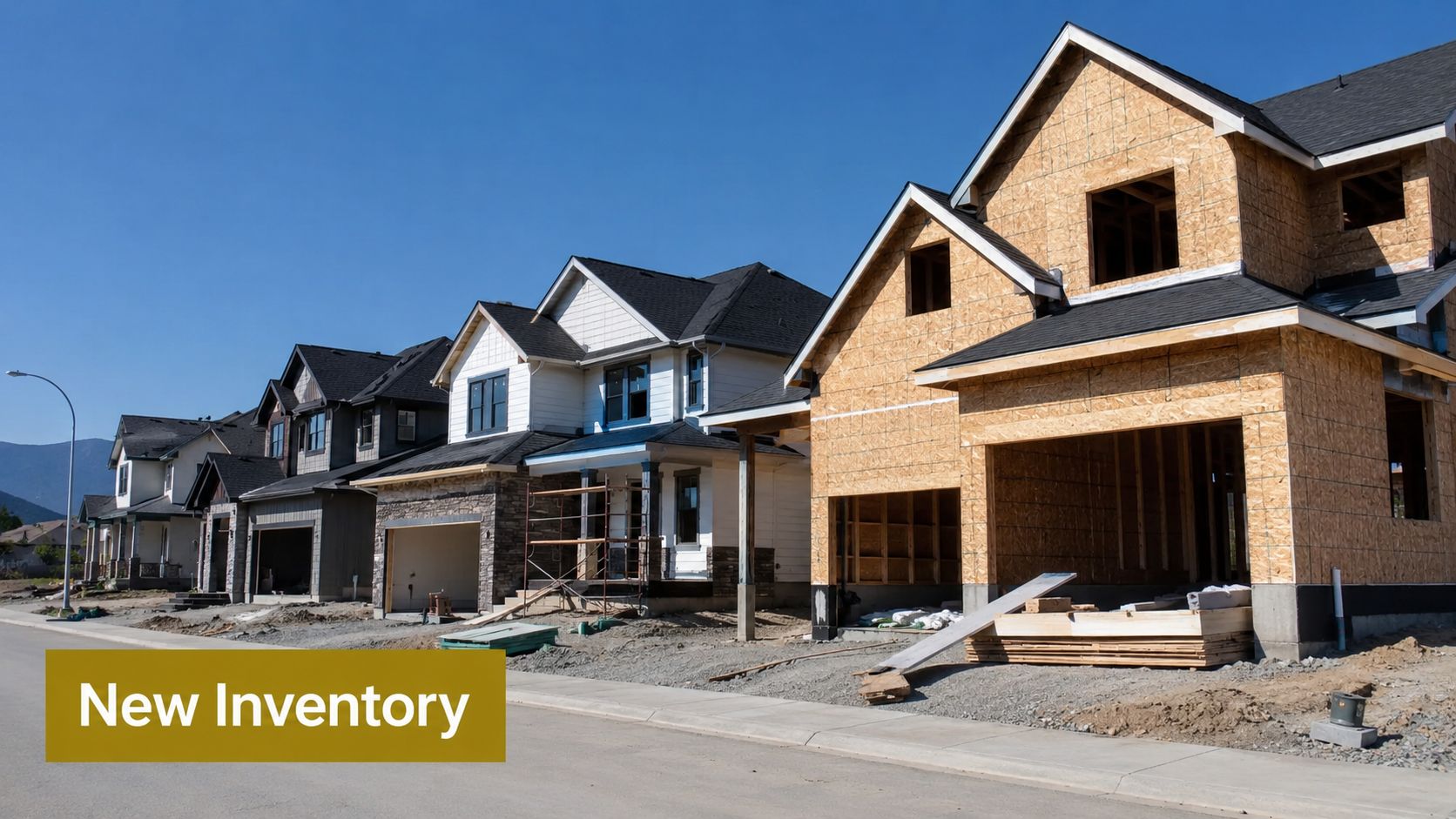 A row of newly constructed modern houses in a suburban neighborhood under a clear blue sky.