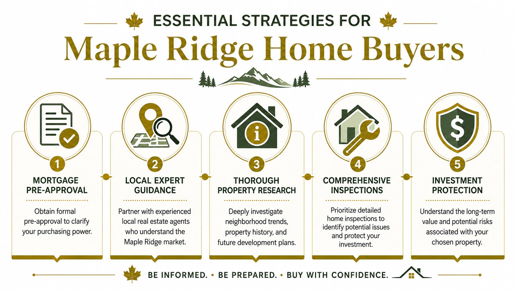 An infographic detailing five essential strategies for home buyers in the Maple Ridge real estate market.