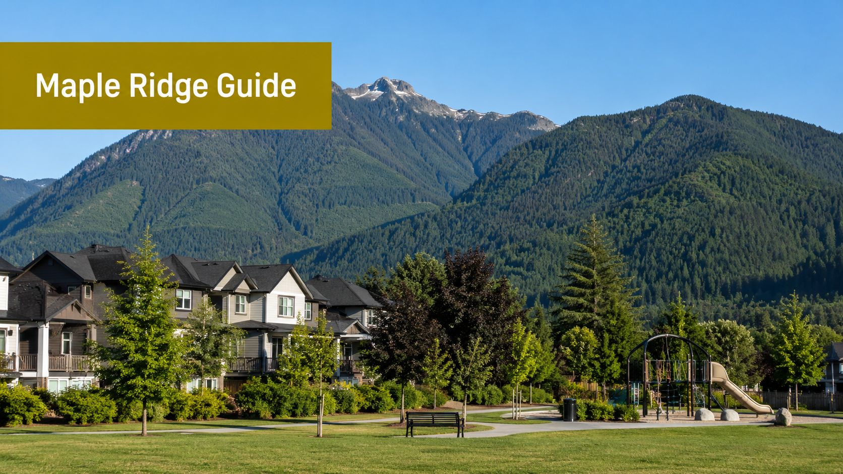 A modern townhouse complex near a park with a mountain view in Maple Ridge, British Columbia.