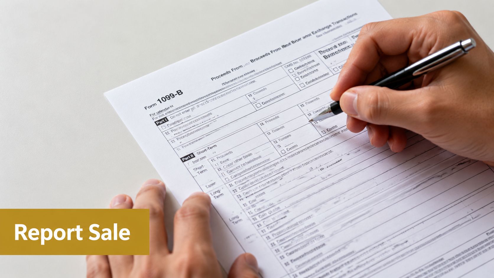 A close-up view of a person filling out an IRS Form 1099-B tax document with a pen.