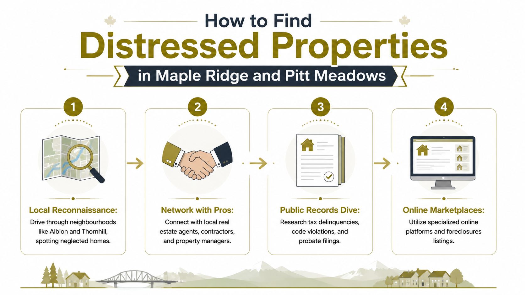 An infographic titled How to Find Distressed Properties in Maple Ridge and Pitt Meadows featuring four steps.
