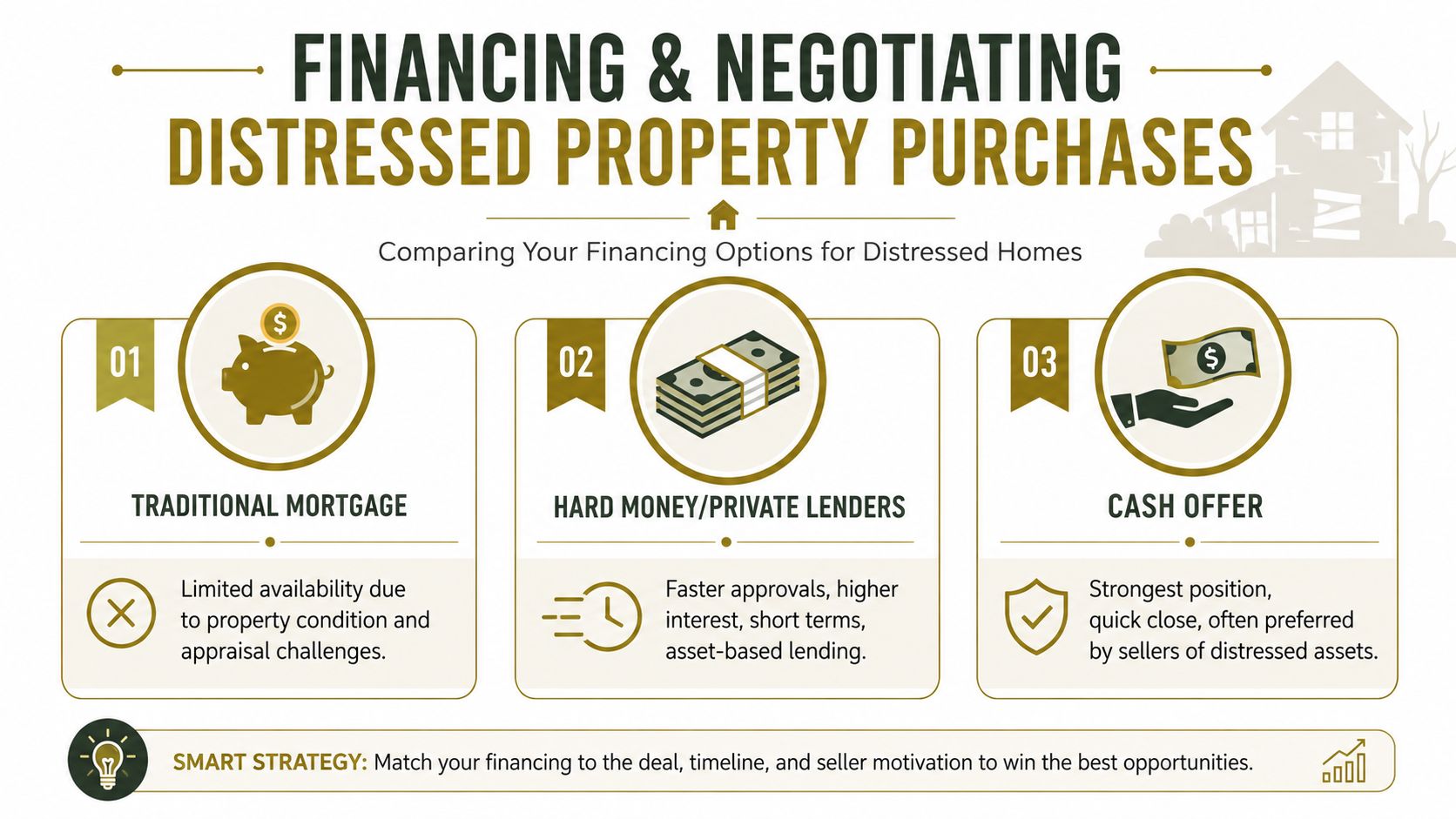 An infographic comparing financing options for purchasing distressed properties, including traditional mortgages, hard money lenders, and cash offers.