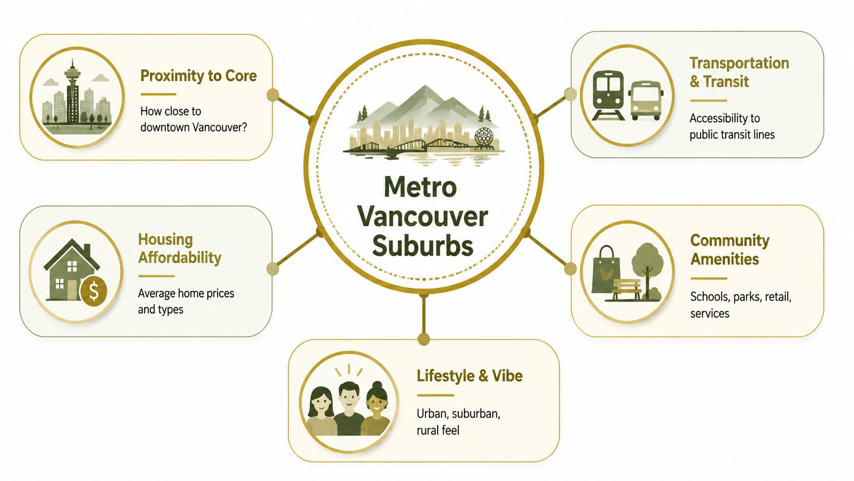 A diagram outlining five key factors to consider when choosing Metro Vancouver suburbs for relocation.