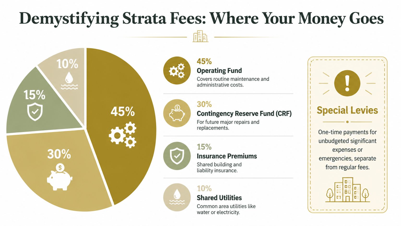 A pie chart infographic titled Demystifying Strata Fees: Where Your Money Goes, illustrating common condo cost breakdowns.